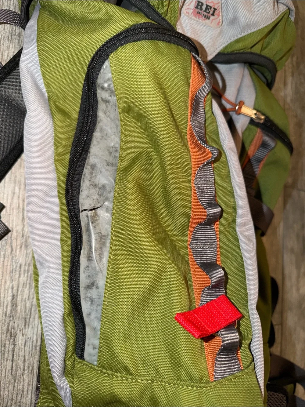 REI Olive Green and Gray Hiking Backpack with Orange Accents